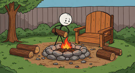Stick Figure Character Building Backyard Campfire with Logs and Adirondack Chair