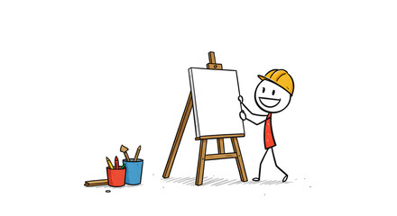 Smiling stick figure in hard hat with art easel and blank canvas, ready to create. Creative builder concept doodle.