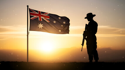 Sunset silhouette of australian soldier standing with national flag for australia day remembrance military honor patriot tribute concept background for respectful commercial design