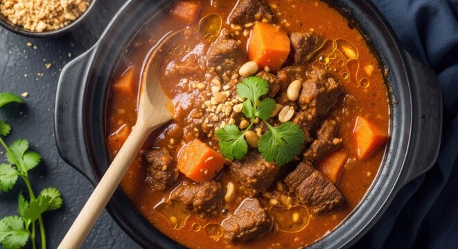 Steaming Creamy Congolese Groundnut Stew (Maafe) with Beef and Sweet Potato in Clay Pot