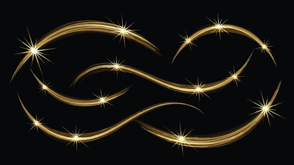 Gold abstract swirling light trails with sparkling stars and magic dust, luxury holiday design, cad drawing flat vector illustration © AtikurRahman