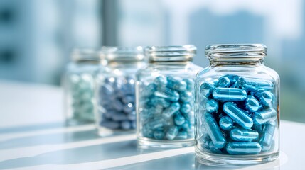 Row of Blue Capsules in Glass Jars on a Table.