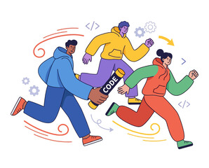 Fototapeta premium Programmers Collaborating on Code, Running with Code Files, Tech Scene, Vector Illustration, Flat Design