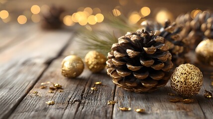Rustic Christmas Decorations with Pine Cones and Golden Orbs on Wood.