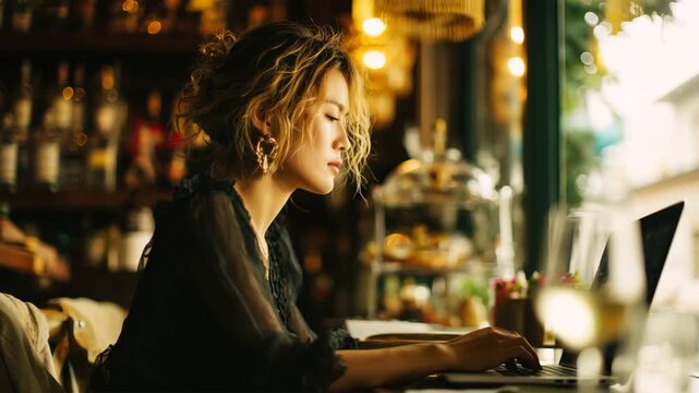 夕方のカフェ窓際でノートとPCを並べ作業する女性の静かな時間