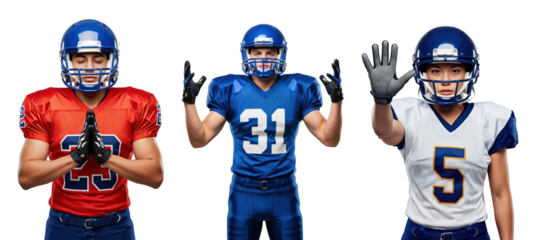 Three Diverse Male and Female Football Players in Action Poses with Jerseys and Helmets