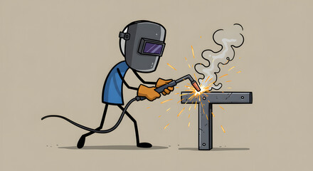 Stick Figure Welder at Work: Cartoon Character Welding Metal with Sparks and Smoke, Industrial Job Illustration