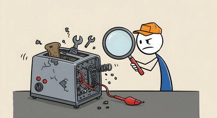 Cartoon stick figure troubleshooting a broken, smoking toaster with a magnifying glass and tools.