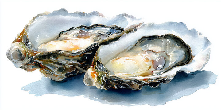 Watercolor illustration of Oysters, hand-painted watercolor style, realistic anatomy, soft pastel tones, subtle texture, isolated on white background