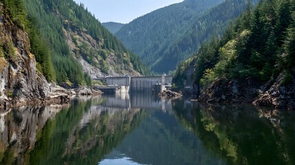 Obraz premium Scenic Reservoir Dam Surrounded by Lush Green Mountains and Reflecting Water.
