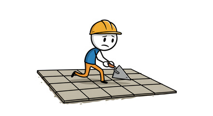 Stickman Builder Laying Floor Tiles with Trowel, Construction and Home Improvement Concept
