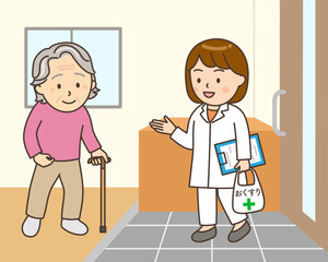 在宅医療で自宅を訪ねる女性薬剤師と玄関で対応するおばあさん