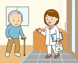 在宅医療で自宅を訪ねる女性薬剤師と玄関で対応するおじいさん
