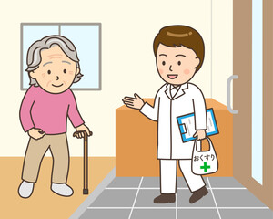 在宅医療で自宅を訪ねる男性薬剤師と玄関で対応するおばあさん