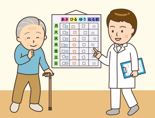 在宅医療でお薬カレンダーを設置する男性薬剤師とおじいさん