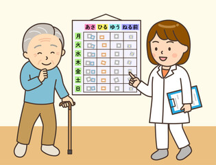 在宅医療でお薬カレンダーを設置する女性薬剤師とおじいさん