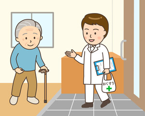 在宅医療で自宅を訪ねる男性薬剤師と玄関で対応するおじいさん