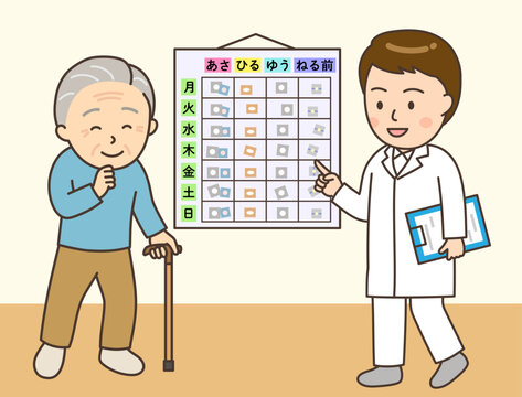 在宅医療でお薬カレンダーを設置する男性薬剤師とおじいさん