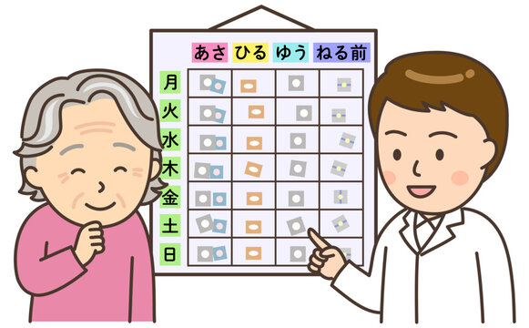 在宅医療でお薬カレンダーを確認する男性薬剤師とおばあさん