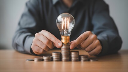 Bright Idea And Financial Growth Concept With Light Bulb On Stacked Coins