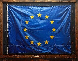 The flag is blue with yellow stars, showcased in a wooden frame, creating a vivid and slightly wrinkled display