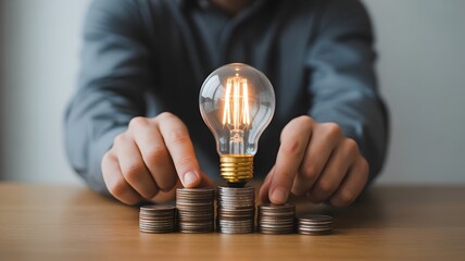 Bright Idea And Financial Growth Concept With Light Bulb On Stacked Coins