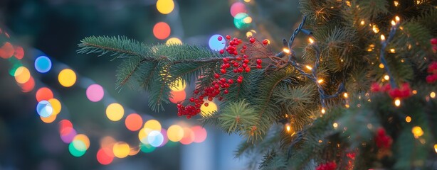 Christmas Pine Branch With Red Berries And Colorful Holiday Lights Bokeh
