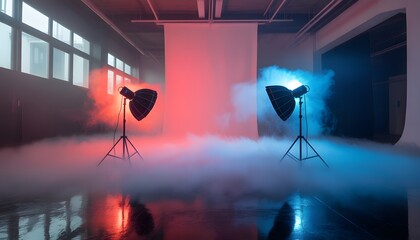 Neon Photography Studio With Softbox Lights And Foggy Backdrop