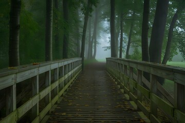 Misty Forest Wooden Bridge Pathway In Green Foggy Nature