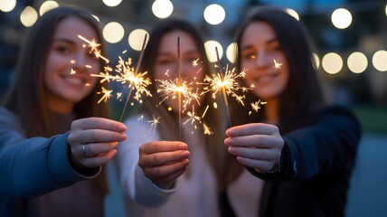 Three Friends Holding Sparklers Celebrating Together at Night Party