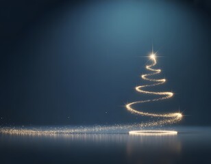 Glowing Golden Light Christmas Tree on Dark Blue Background