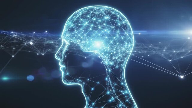 頭部シルエットと光るネットワーク線が描く未来の知能