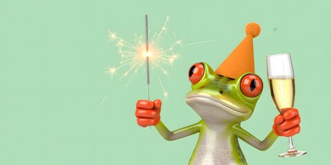 Party Frog Celebration with Sparkler and Champagne Glass on Green Background