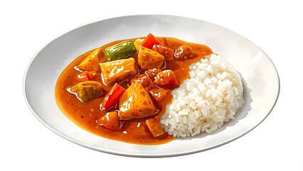 Japanese-Style Curry Rice with Vegetables and Steamed White Rice, Comfort Food Dish on White Plate