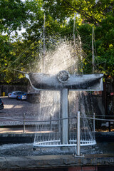 Kingston, Ontario: Paddlewheel ship fountain brilliantly sprays water.