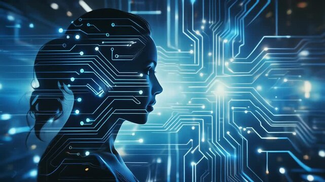 未来を映すAI回路の二重露光シルエット