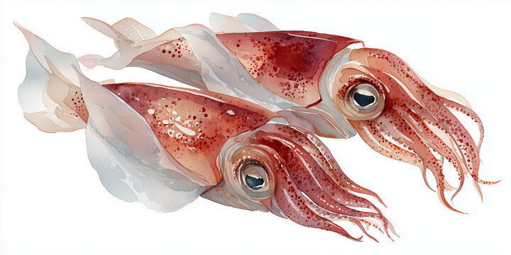 Watercolor illustration of  fresh Squid, hand-painted watercolor style, realistic anatomy, soft pastel tones, subtle texture, isolated on white background