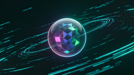 "A vibrant, futuristic abstract illustration of glowing, holographic 3D geometric shapes and interconnected neon lines against a dark background. The image features transparent cubes and spheres glowi