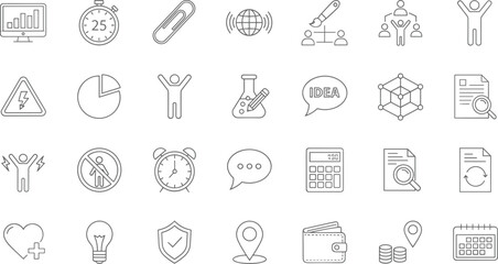 Professional business icon set featuring growth analytics, time management, creative idea bubbles, team collaboration, financial wallet, and secure document research symbols.