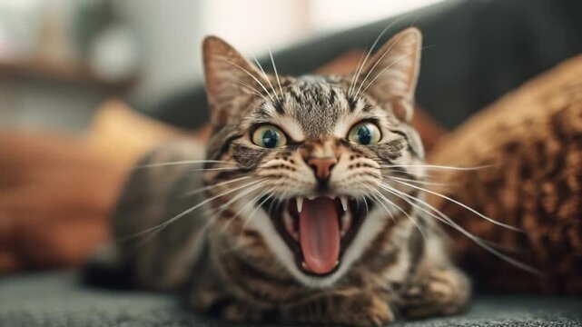Close-up of a startled tabby cat with wide eyes, a gaping mouth, whiskers splayed, ears perked high