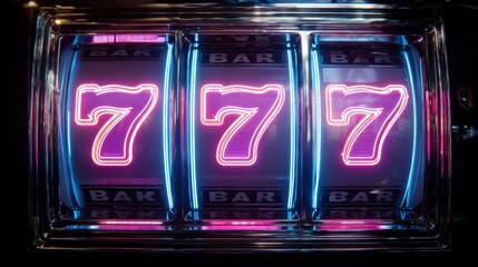 Close-up of a brightly lit slot machine displaying three sevens, suggesting a winning combination. Neon colors highlight the digits and the bar symbols