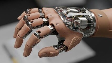 Detailed close-up of a futuristic robotic hand with mechanical wires and joints