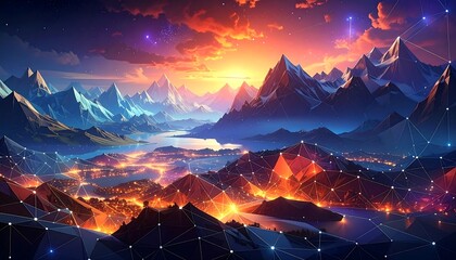 A vibrant, digital landscape showcasing mountain ranges under a sunset sky, with a city below, interconnected lines overlaid
