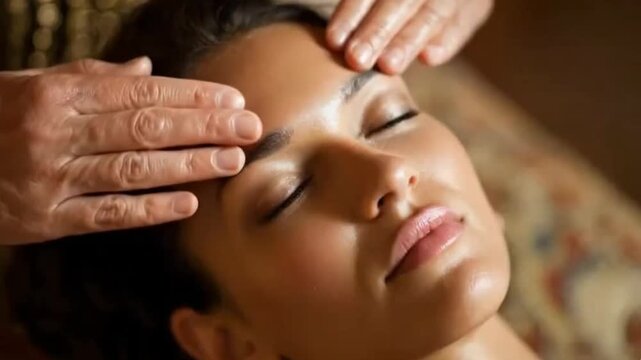 A close-up shot beautifully captures a serene young adult woman with her eyes gently closed, deeply engrossed in a relaxing facial massage. Skilled hands delicately apply product and provide a soothin