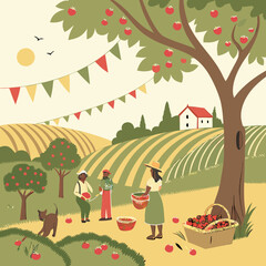 Fototapeta premium Happy Family Apple Picking in Rustic Autumn Countryside