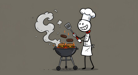 Happy stick figure chef grilling burgers on a barbecue with smoke