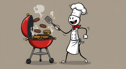 Energetic Cartoon Chef Grilling Burgers & Sausages on Red BBQ Grill