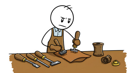Stick figure artisan focused on leather tooling with hand tools, illustrating handmade craft and artisan work on a workbench.