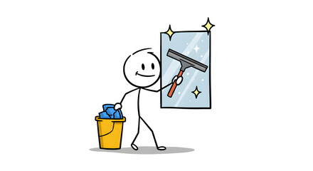 Cartoon stick figure cleaning sparkling window with squeegee and bucket. Household chores and cleaning services concept.