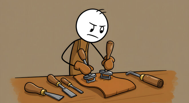 Cartoon stick figure artisan crafting leather goods by hand with traditional tools on a workbench, showcasing craftsmanship and dedication. - Powered by Adobe